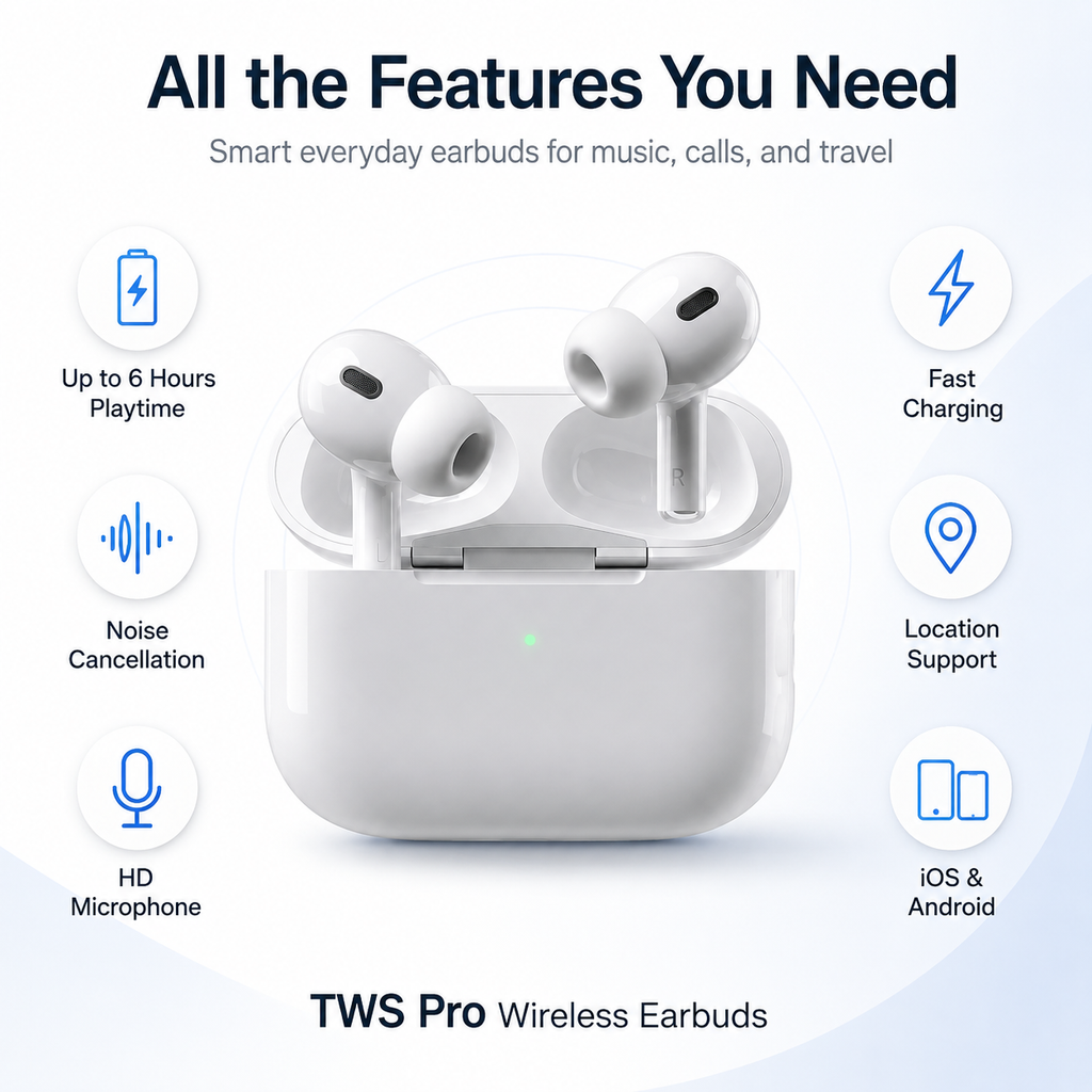 TWS Pro wireless in-ear Bluetooth earbuds deliver clear, high-definition call quality and feature noise cancellation, making them ideal for studying, working, and everyday use.