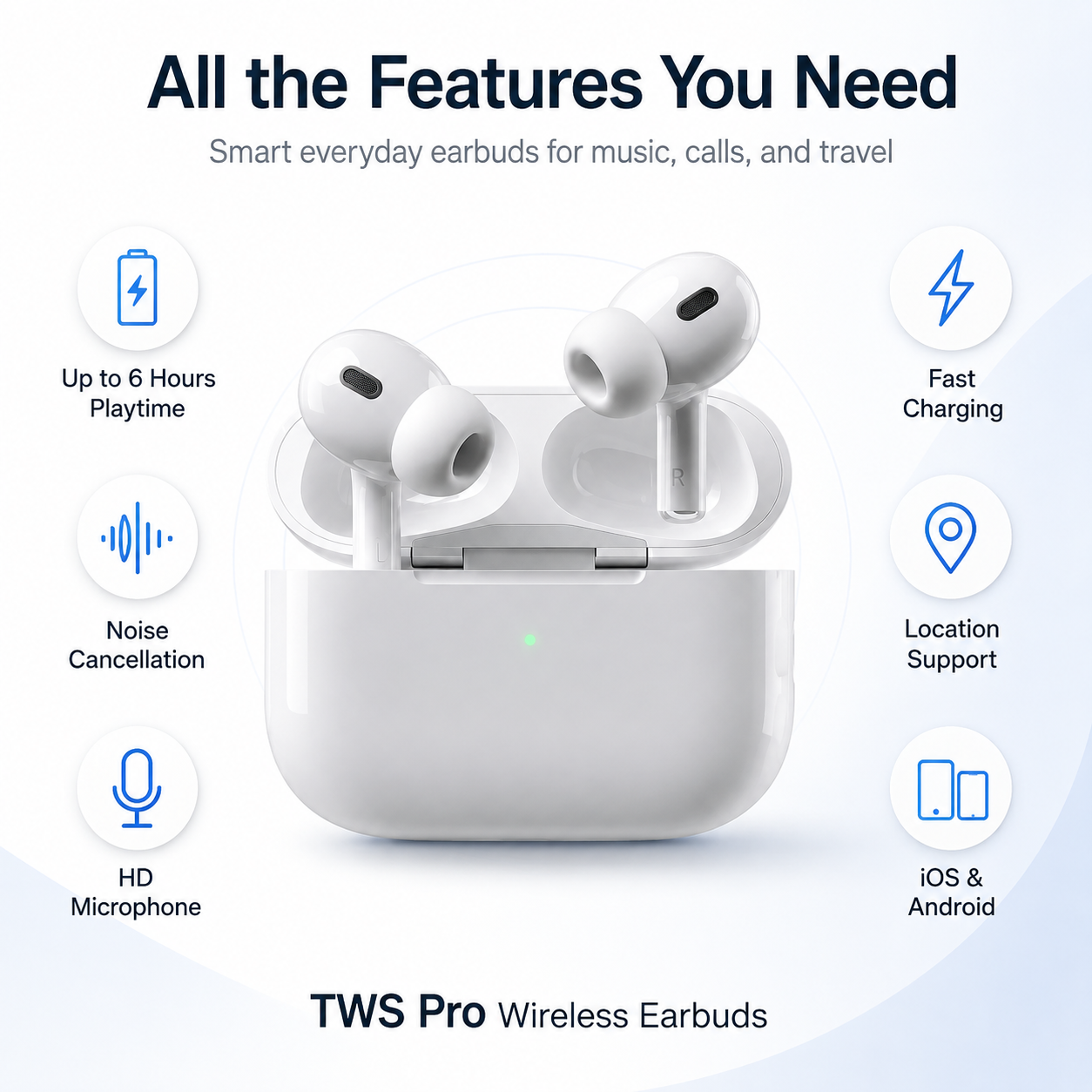 TWS Pro wireless in-ear Bluetooth earbuds deliver clear, high-definition call quality and feature noise cancellation, making them ideal for studying, working, and everyday use.