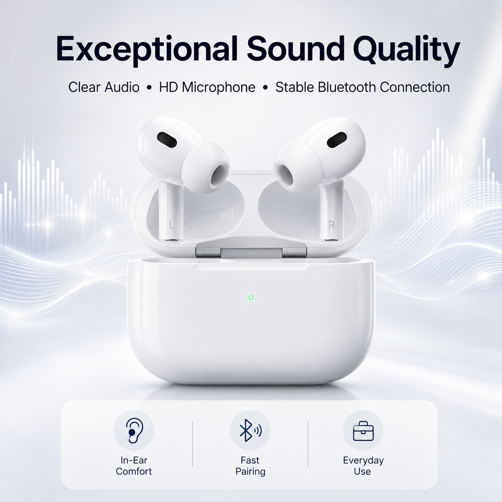TWS Pro wireless in-ear Bluetooth earbuds deliver clear, high-definition call quality and feature noise cancellation, making them ideal for studying, working, and everyday use.