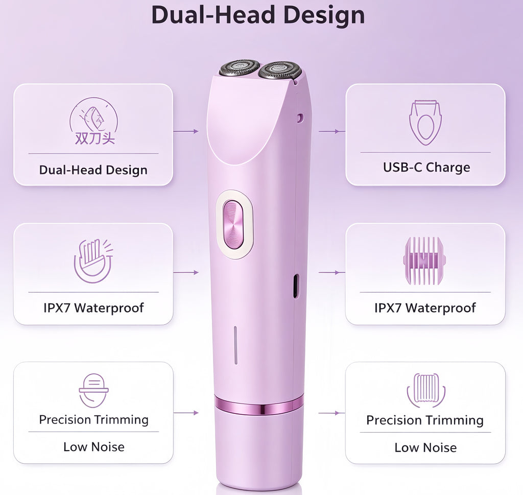 rosaHoliday Gifts, 2-in-1 Electric Hair Removal Tool, Women's Bikini Trimmer, Dual-Head Electric Shaver, Body and Face Shaver, Waterproof for Wet and Dry Use, for Women